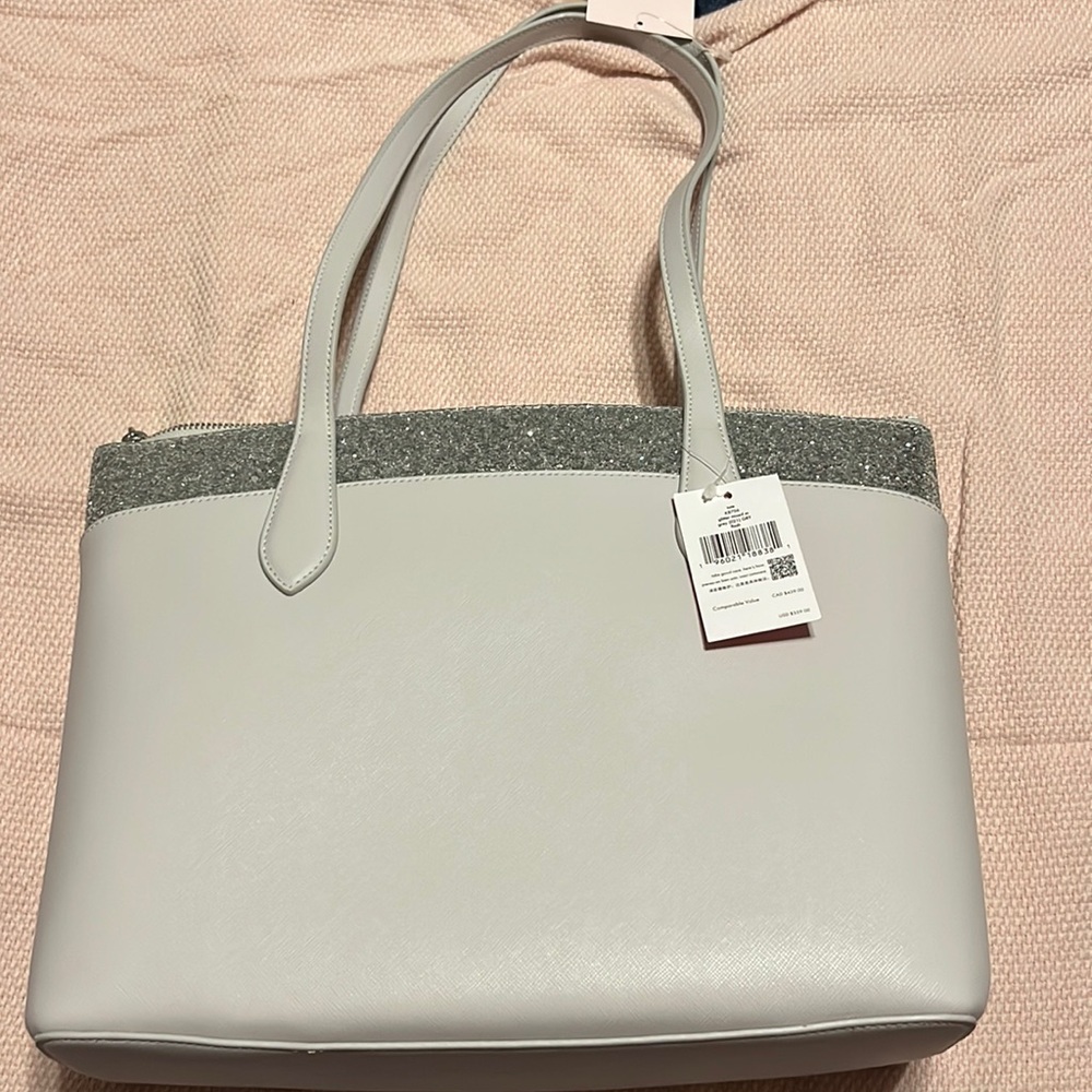 kate spade White Tote with Silver Glitter Trim